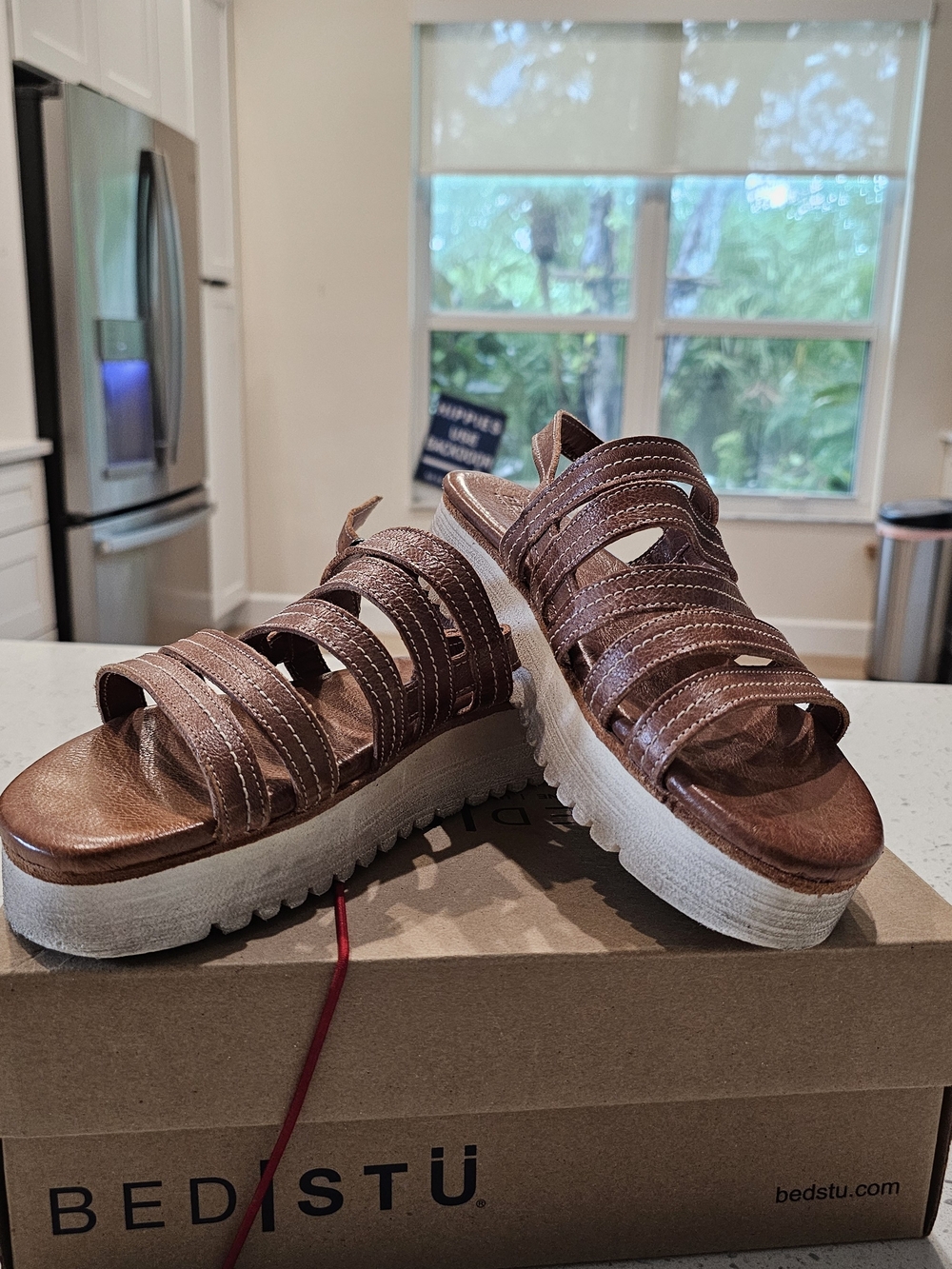 BED|STU Brown Leather Strappy Platform Sandals with White Sole